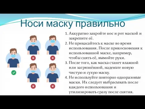 Носи маску правильно Аккуратно закройте нос и рот маской и закрепите