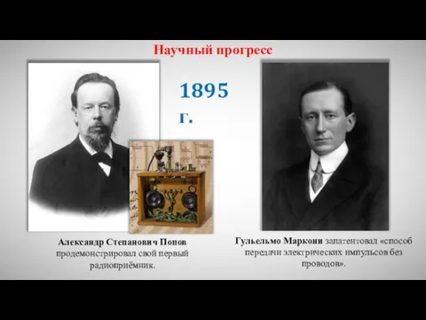 Научный прогресс Александр Степанович Попов продемонстрировал свой первый радиоприёмник. 1895 г.