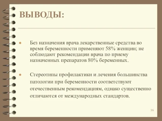 ВЫВОДЫ: Без назначения врача лекарственные средства во время беременности применяют 58%