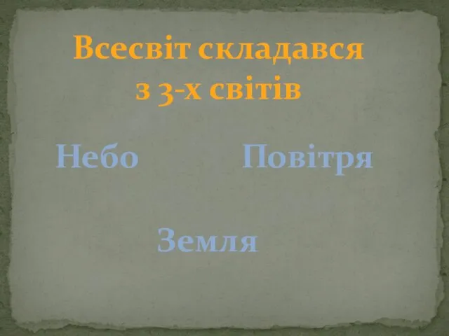 Всесвіт складався з 3-х світів Небо Повітря Земля