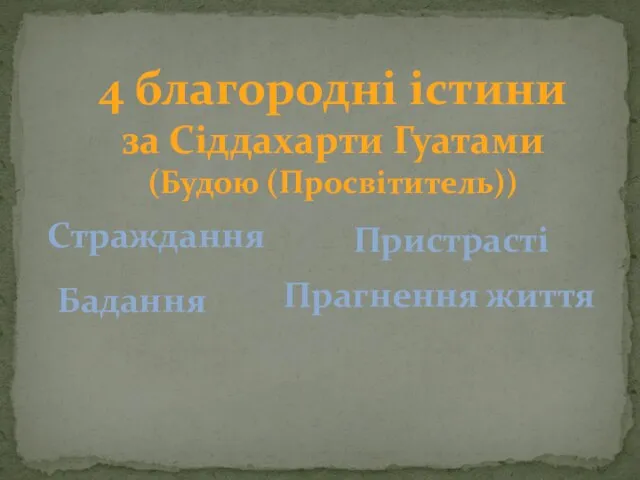 4 благородні істини за Сіддахарти Гуатами (Будою (Просвітитель)) Страждання Бадання Пристрасті Прагнення життя