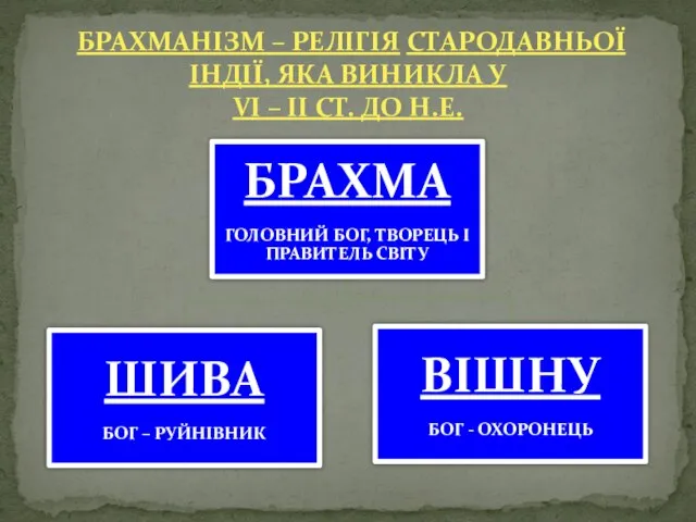 БРАХМАНІЗМ – РЕЛІГІЯ СТАРОДАВНЬОЇ ІНДІЇ, ЯКА ВИНИКЛА У VI – II СТ. ДО Н.Е.