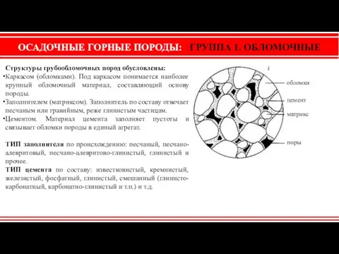 ОСАДОЧНЫЕ ГОРНЫЕ ПОРОДЫ: ГРУППА 1. ОБЛОМОЧНЫЕ Структуры грубообломочных пород обусловлены: Каркасом