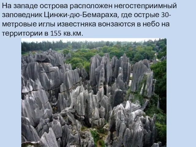 На западе острова расположен негостеприимный заповедник Цинжи-дю-Бемараха, где острые 30-метровые иглы