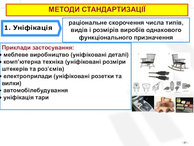 МЕТОДИ СТАНДАРТИЗАЦІЇ Приклади застосування: меблеве виробництво (уніфіковані деталі) комп’ютерна техніка (уніфіковані