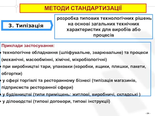 МЕТОДИ СТАНДАРТИЗАЦІЇ Приклади застосування: технологічне обладнання (шліфувальне, зварювальне) та процеси (механічні,