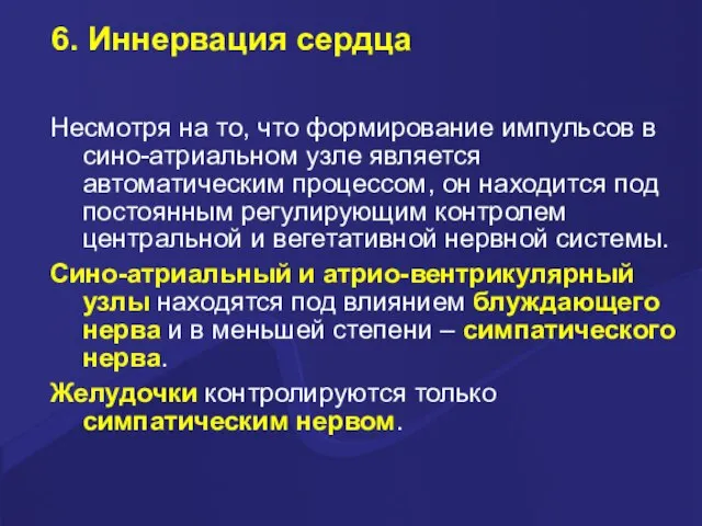 6. Иннервация сердца Несмотря на то, что формирование импульсов в сино-атриальном