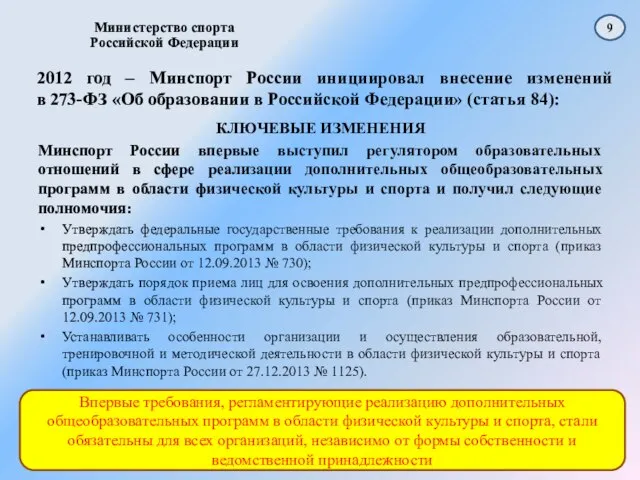 2012 год – Минспорт России инициировал внесение изменений в 273-ФЗ «Об