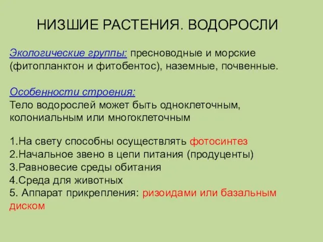 Экологические группы: пресноводные и морские (фитопланктон и фитобентос), наземные, почвенные. Особенности