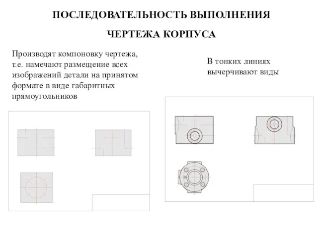 ПОСЛЕДОВАТЕЛЬHОСТЬ ВЫПОЛHЕHИЯ ЧЕРТЕЖА КОРПУСА Пpоизводят компоновку чеpтежа, т.е. намечают pазмещение всех