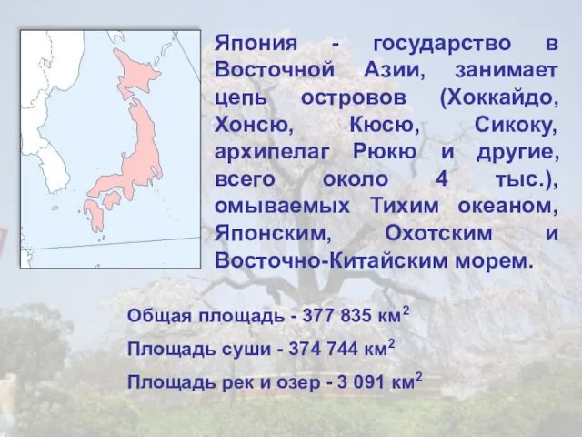 Япония - государство в Восточной Азии, занимает цепь островов (Хоккайдо, Хонсю,