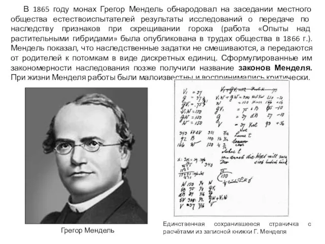 В 1865 году монах Грегор Мендель обнародовал на заседании местного общества