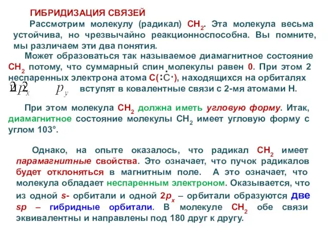 ГИБРИДИЗАЦИЯ СВЯЗЕЙ Рассмотрим молекулу (радикал) СН2. Эта молекула весьма устойчива, но