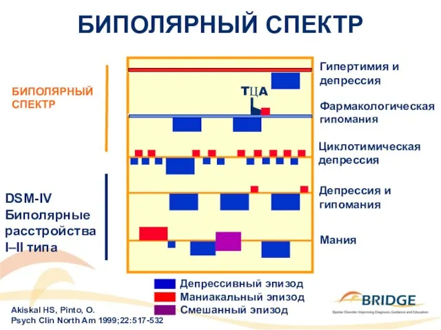 БИПОЛЯРНЫЙ СПЕКТР БИПОЛЯРНЫЙ СПЕКТР DSM-IV Биполярные расстройства I–II типа Депрессия и