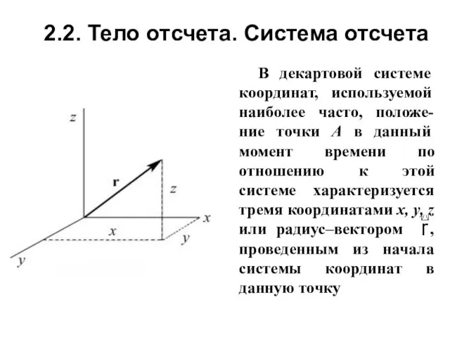 В декартовой системе координат, используемой наиболее часто, положе-ние точки А в