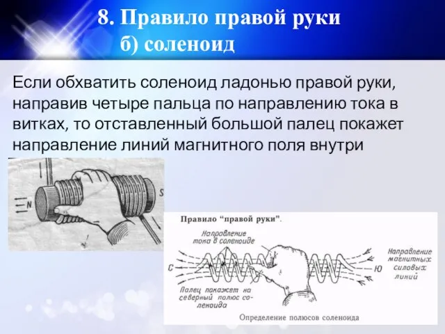 8. Правило правой руки б) соленоид Если обхватить соленоид ладонью правой