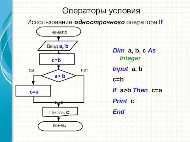 Операторы условия Dim a, b, c As Integer Input a, b