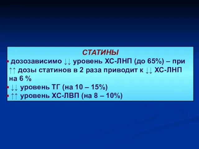 СТАТИНЫ дозозависимо ↓↓ уровень ХС-ЛНП (до 65%) – при ↑↑ дозы