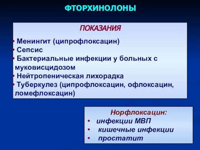 ПОКАЗАНИЯ Менингит (ципрофлоксацин) Сепсис Бактериальные инфекции у больных с муковисцидозом Нейтропеническая