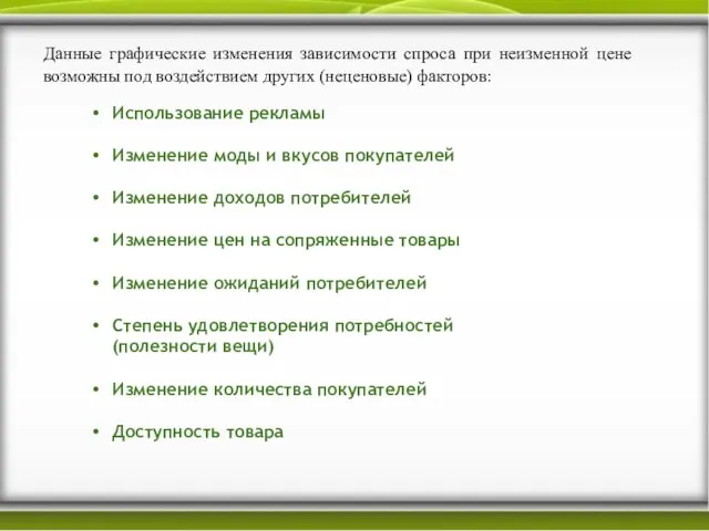 Данные графические изменения зависимости спроса при неизменной цене возможны под воздействием