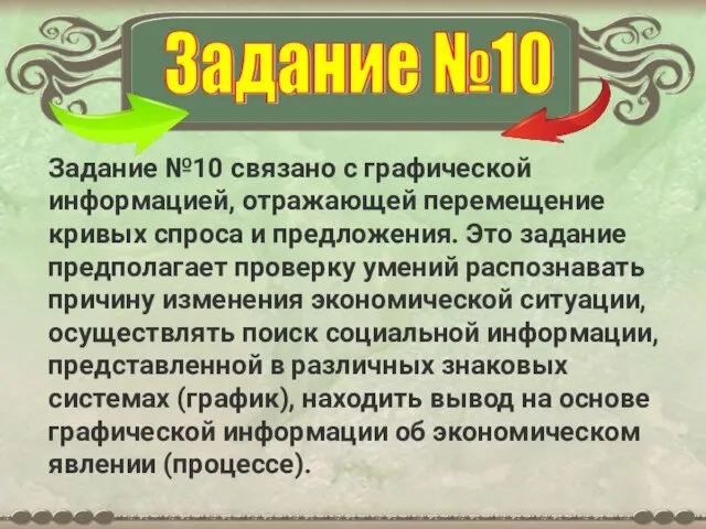 Задание №10 связано с графической информацией, отражающей перемещение кривых спроса и