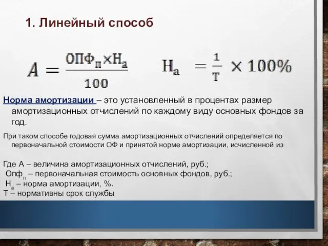 Норма амортизации – это установленный в процентах размер амортизационных отчислений по