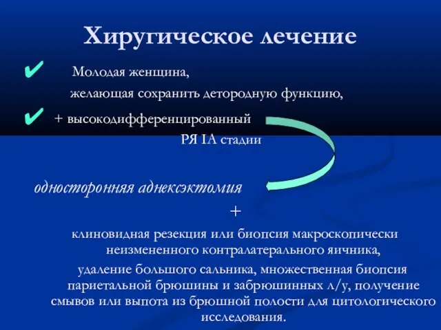 Хиругическое лечение Молодая женщина, желающая сохранить детородную функцию, + высокодифференцированный РЯ