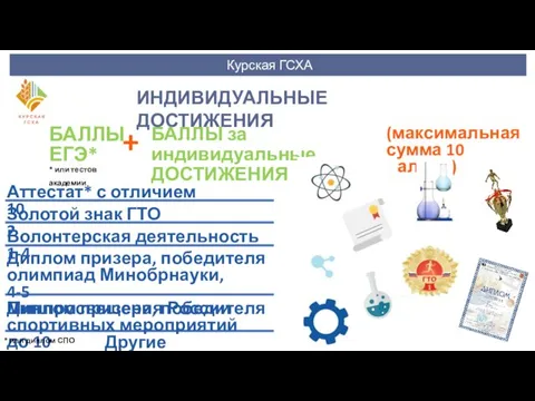 Курская ГСХА ИНДИВИДУАЛЬНЫЕ ДОСТИЖЕНИЯ (максимальная сумма 10 баллов) БАЛЛЫ ЕГЭ* *