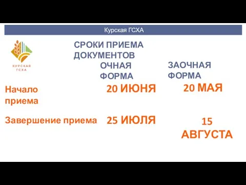 Курская ГСХА СРОКИ ПРИЕМА ДОКУМЕНТОВ ОЧНАЯ ФОРМА ЗАОЧНАЯ ФОРМА Начало приема