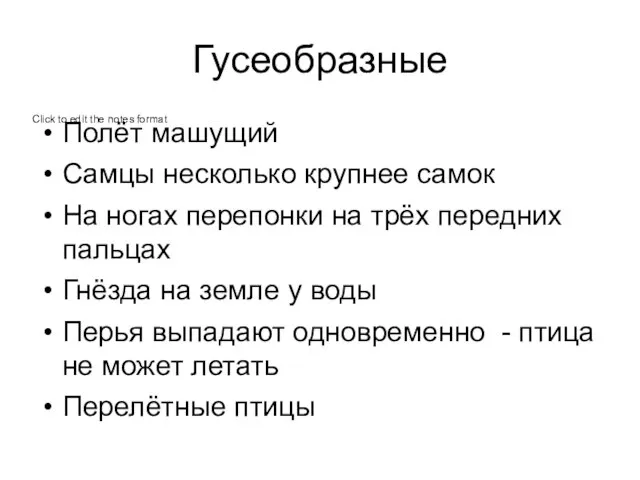 Гусеобразные Полёт машущий Самцы несколько крупнее самок На ногах перепонки на