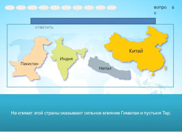 На климат этой страны оказывают сильное влияние Гималаи и пустыня Тар. 6