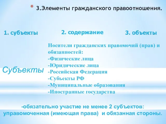 3.Элементы гражданского правоотношения. Субъекты Носители гражданских правомочий (прав) и обязанностей: -Физические