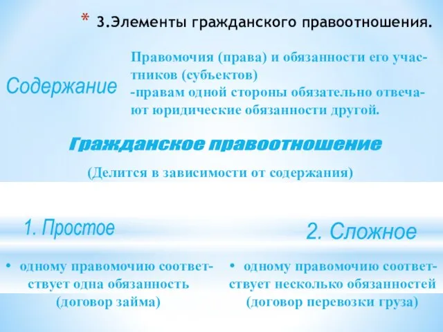 3.Элементы гражданского правоотношения. Содержание Правомочия (права) и обязанности его учас- тников