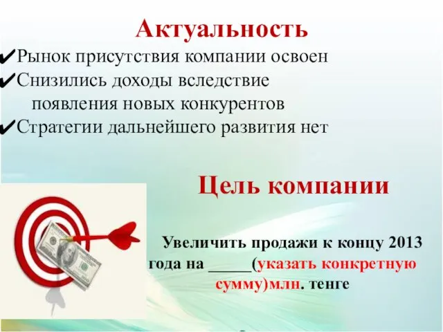 Актуальность Рынок присутствия компании освоен Снизились доходы вследствие появления новых конкурентов