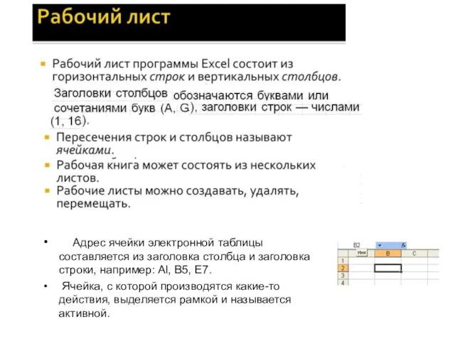 Адрес ячейки электронной таблицы составляется из заголовка столбца и заголовка строки,