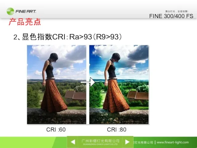 2、显色指数CRI：Ra>93（R9>93） FINE 300/400 FS 产品亮点 CRI :60 CRI :80