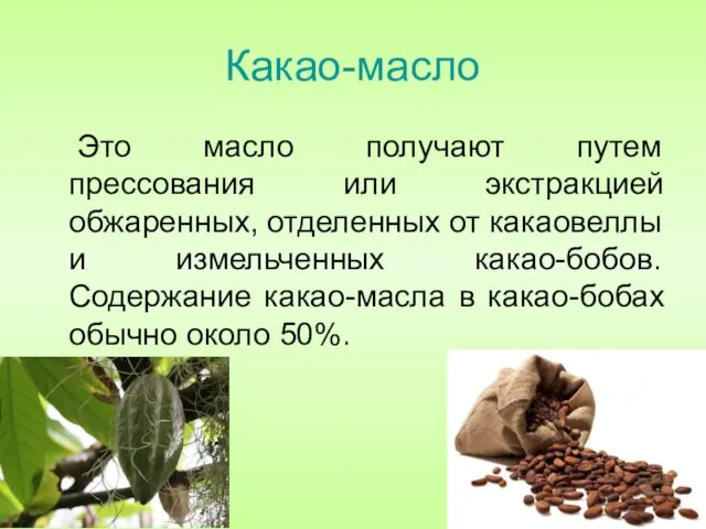 Какао-масло Это масло получают путем прессования или экстракцией обжаренных, отделенных от