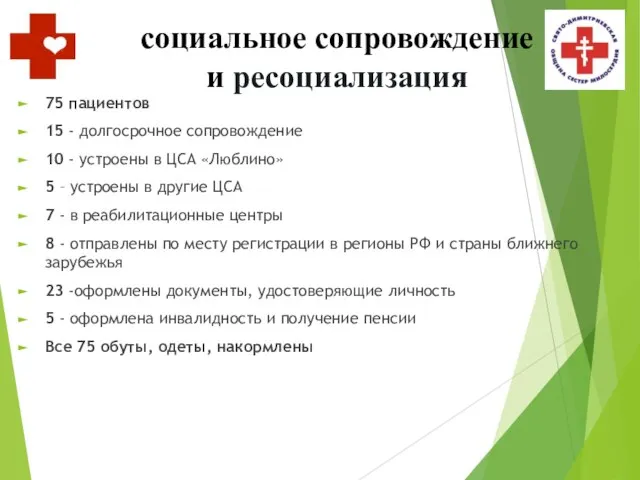 cоциальное сопровождение и ресоциализация 75 пациентов 15 - долгосрочное сопровождение 10