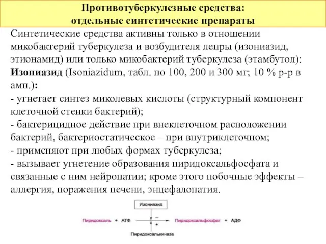 Противотуберкулезные средства: отдельные синтетические препараты Синтетические средства активны только в отношении