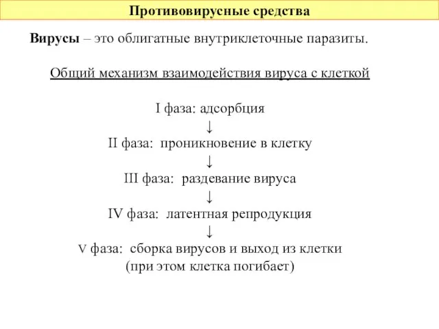 Противовирусные средства Вирусы – это облигатные внутриклеточные паразиты. Общий механизм взаимодействия