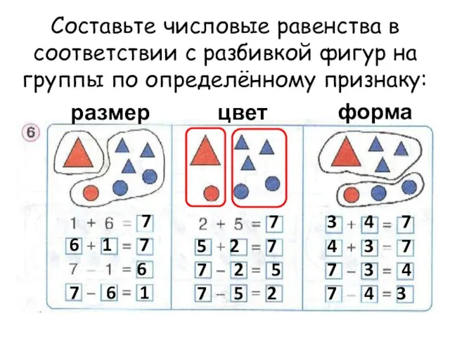 Составьте числовые равенства в соответствии с разбивкой фигур на группы по