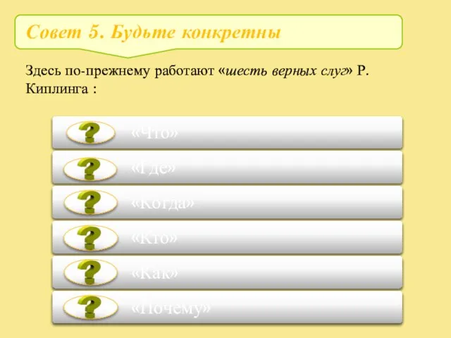 Совет 5. Будьте конкретны Здесь по-прежнему работают «шесть верных слуг» Р. Киплинга :