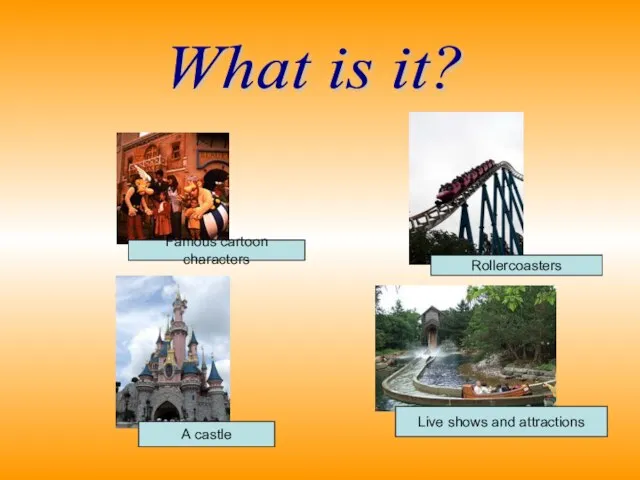 Famous cartoon characters Rollercoasters A castle Live shows and attractions What is it?