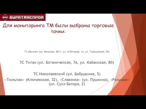 Для мониторинга ТМ были выбраны торговые точки: ТС Абсолют (ул. Мокрова,