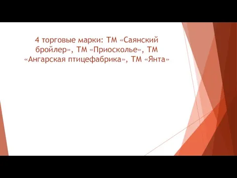 4 торговые марки: ТМ «Саянский бройлер», ТМ «Приосколье», ТМ «Ангарская птицефабрика», ТМ «Янта»