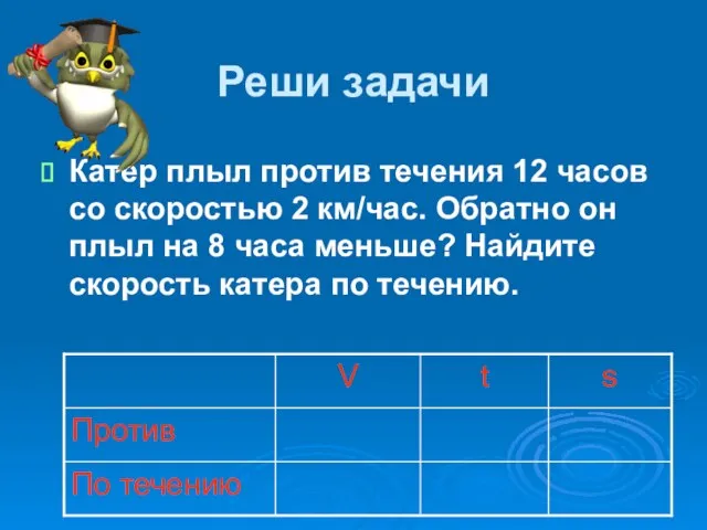 Реши задачи Катер плыл против течения 12 часов со скоростью 2