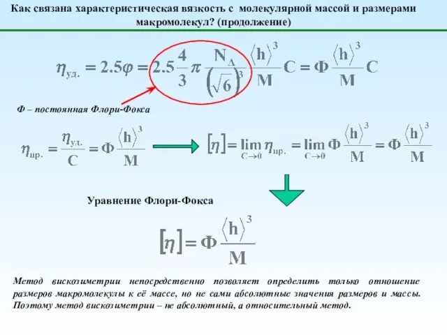 Как связана характеристическая вязкость с молекулярной массой и размерами макромолекул? (продолжение)