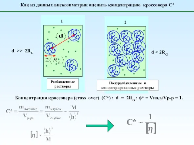 2 Полуразбавленные и концентрированные растворы d >> 2RG d Концентрация кроссовера