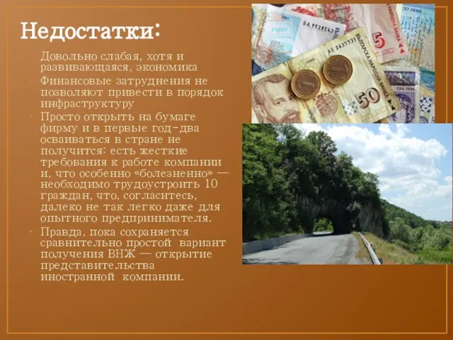 Недостатки: Довольно слабая, хотя и развивающаяся, экономика Финансовые затруднения не позволяют