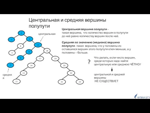 Центральная вершина полупути - такая вершина, что количество вершин в полупути